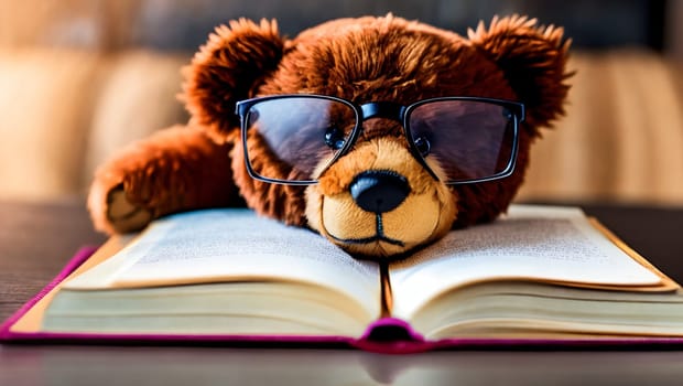 Smiling teddy bear with glasses reading a book. Generative AI.