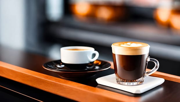 Cup and glass of coffee with milk with foam decorated on the bar counter of a bar. Generative AI.