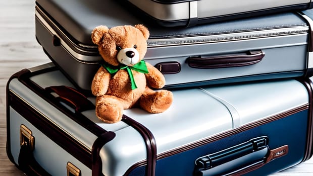 Brown teddy bear with green bow next to travel suitcases. Generative AI.