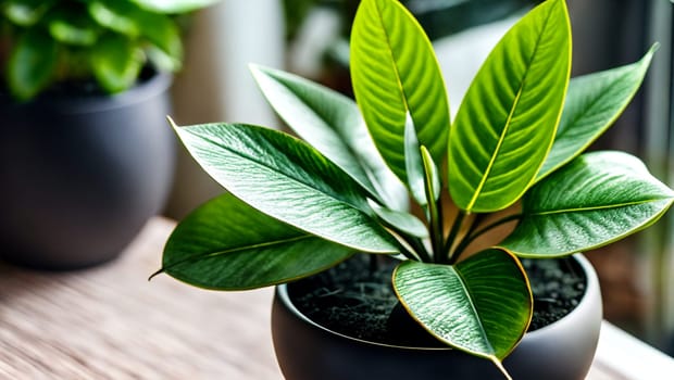 Beautiful plant with green leaves with reflections and a black pot. Generative AI.