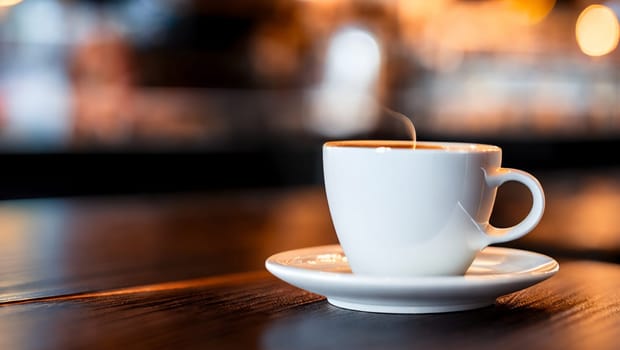 White cup of black coffee on a dark wooden table. Generative AI.