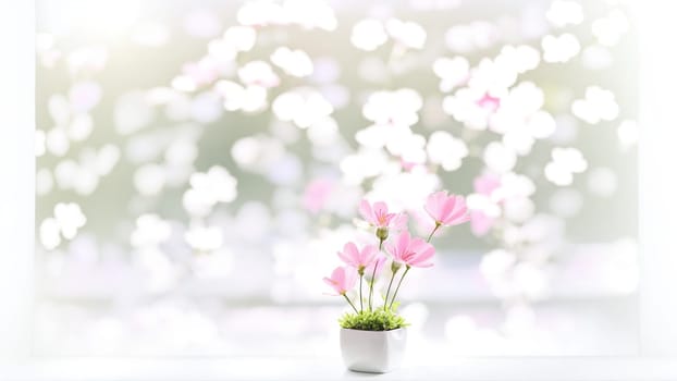 Window with glitter and reflections outside and a white flower pot with pink flowers. Generative AI.