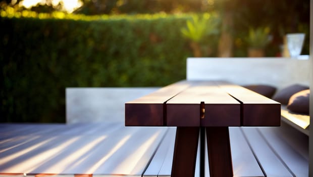 Elegant dark wood table on an outdoor terrace. Generative AI.