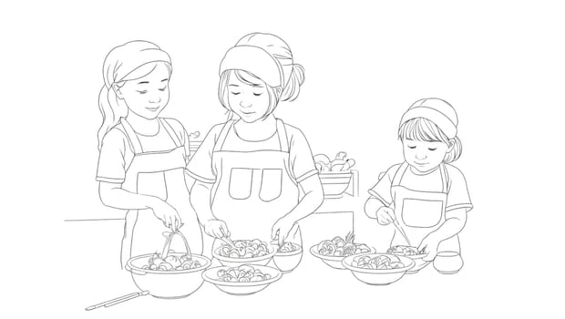 Drawing of three little girls cooking to color. Generative AI.