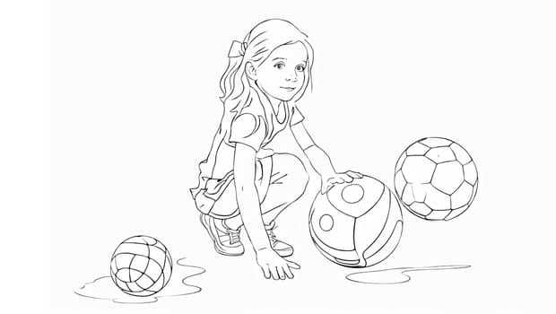 Drawing of a little girl with balls to color. Generative AI.