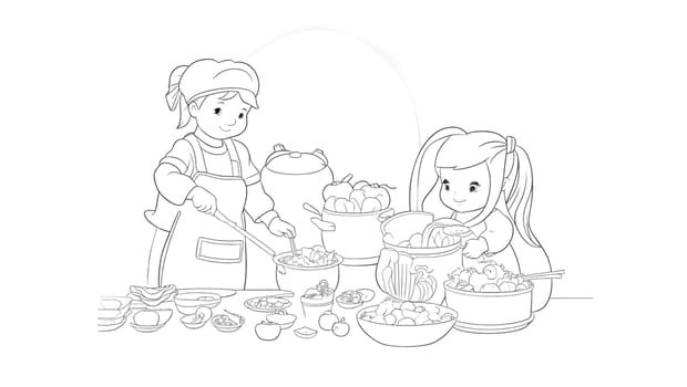 Drawing of a mother and her daughter cooking vegetables to color. Generative AI.