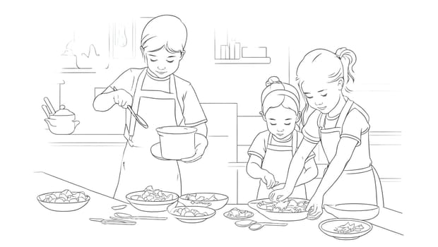 Drawing of three little children cooking to color. Generative AI.