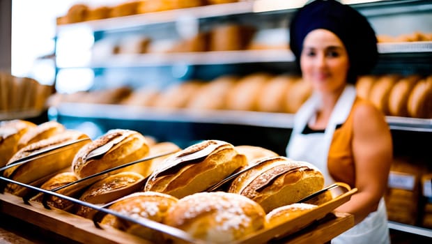 A baker in a blue cap at the counter of her bakery. Generative AI.