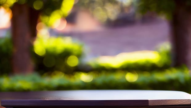 Elegant dark wood table on an outdoor terrace. Generative AI.