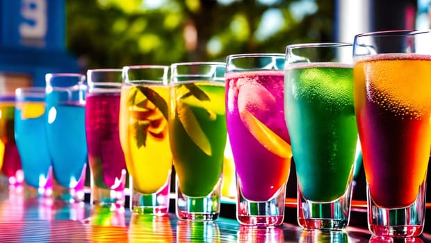 Colorful refreshing drinks on the bar of an outside terrace. Generative AI.