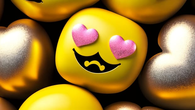 Smiling yellow emoji in love surrounded by golden hearts. Generative AI.