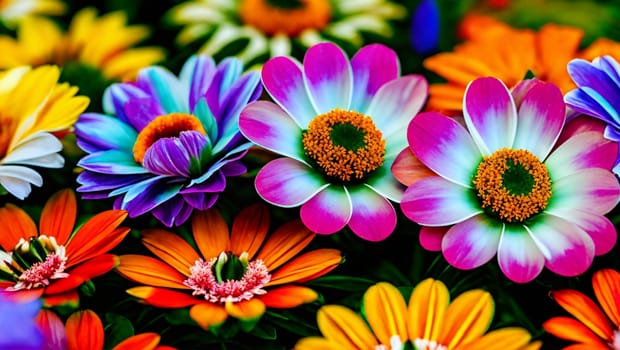 Beautiful decorative background with coloured petal flowers. Generative AI.