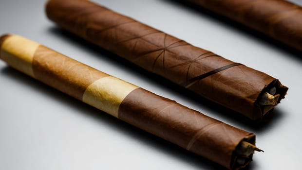 Detail of cigars with brown tobacco cover and golden stripes. Generative AI.