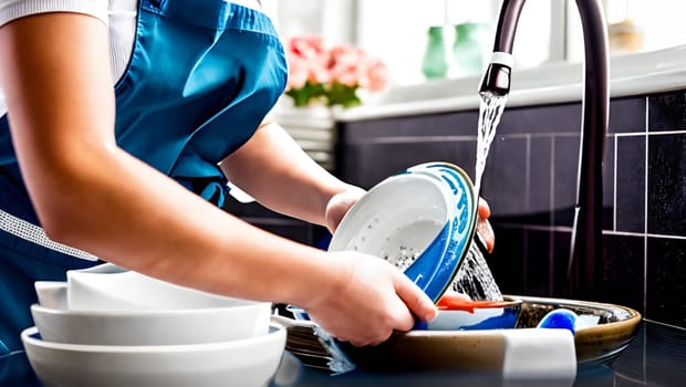 Woman in blue apron washing dishes in kitchen. Generative AI.