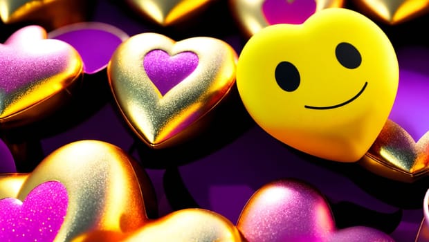 Cheerful big shiny hearts gold, violet and emoji with smiley face, cheerful. Generative AI.