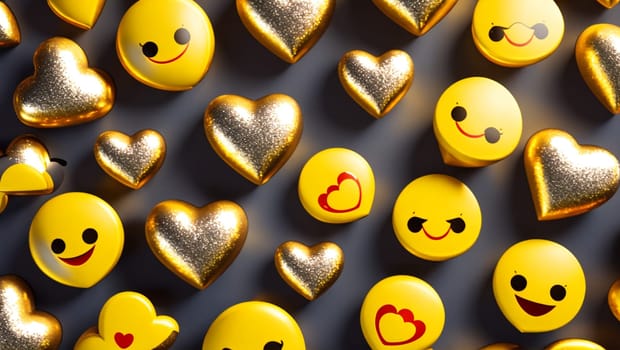 Cheerful big golden shiny hearts with emojis with smiling, happy faces. Generative AI.