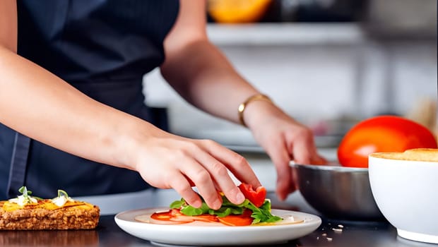 Woman chef cooking preparing a plate of food in the kitchen. Generative AI.