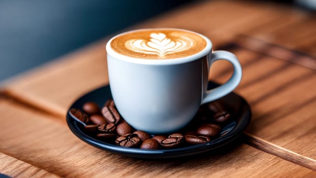 Cup of coffee with milk and foam decorated in the form of drawing and coffee beans. Generative AI.