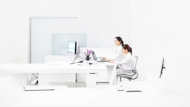 Modern office with 2 female workers in white suits. Generative AI.