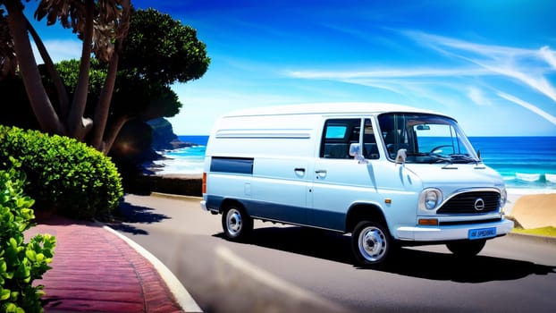 Blue and white tourist van parked on the sea shore on sunny day. Generative AI.