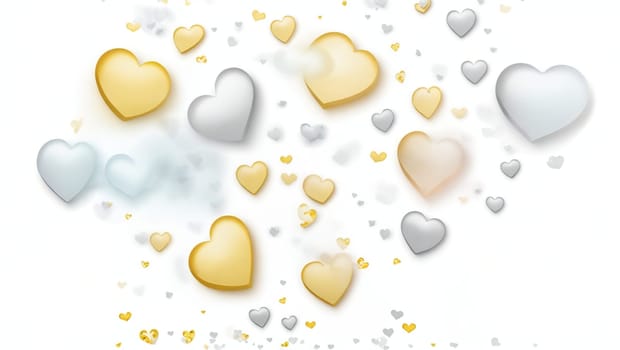 Beautiful hearts flying in gold and gray, cheerful. Generative AI.