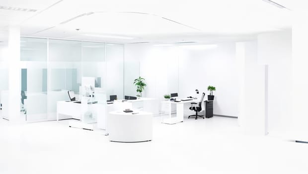 Nice office with glass doors, tables, chairs and plants. Generative AI.