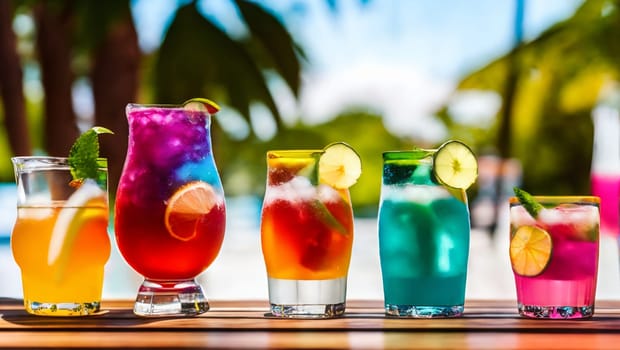 Refreshing beverages on the table of a colorful terrace. Generative AI.