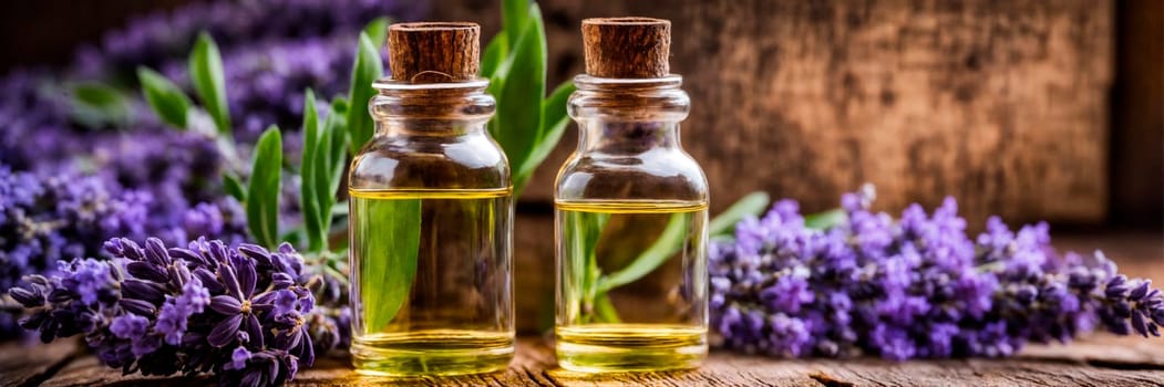 lavender essential oil in bottles. Selective focus. nature.