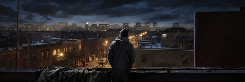 A man is seen standing on top of a roof during the night, providing a unique vantage point.