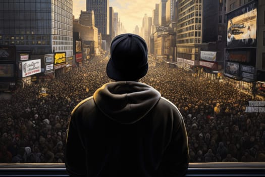 A person stands by a window, attentively observing the bustling activity of a crowded city below.
