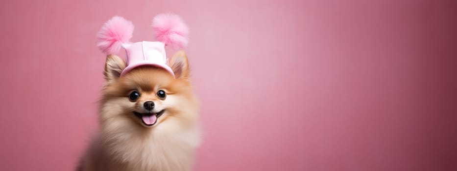 Cute friendly red fluffy spitz dog showing tongue with peach easter hat on pink background, favorite pet, copy space, Generated AI