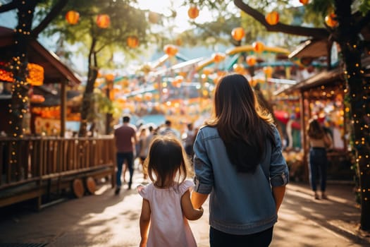 A little Asian girl goes with her mother to an amusement park.