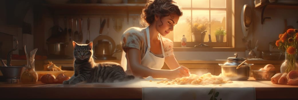 A realistic painting depicting a woman engaged in household activities in her kitchen while accompanied by a cat.