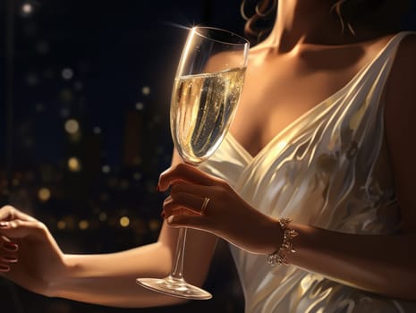 A girl in a white dress is seen holding a glass of champagne, appearing relaxed.