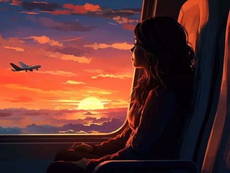 A woman is sitting on a train, gazing out of the window at the beautiful sunset.
