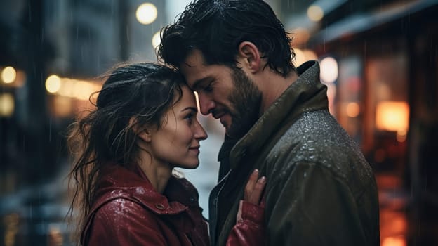 Couple in love in the rain on a blurred background. Photo in cinematic style.