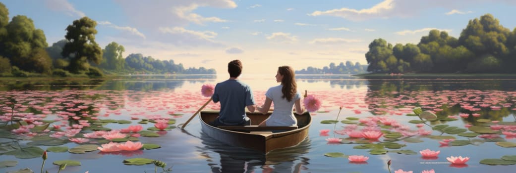 A depiction of a man and woman in a boat, showcasing a romantic scene on a serene lake.