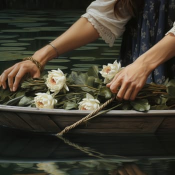This photo showcases a beautifully painted scene of a woman in a boat surrounded by vibrant flowers, portraying a couple in love amidst the serene ambiance of nature.