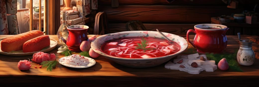 A realistic painting showcasing a bowl of borscht placed on a table.