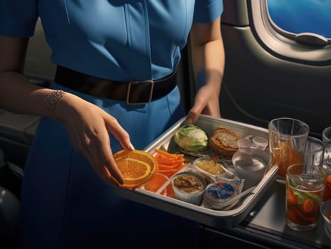 A stewardess wearing a blue dress holds a tray filled with various types of food.