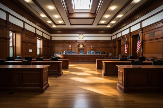 Image of an empty courtroom with wooden benches.