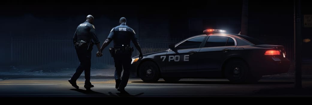 Two police officers, dressed in uniform, standing next to a police car while on duty.