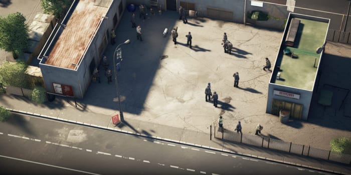 A group of police officers and detainees standing outside a police station.