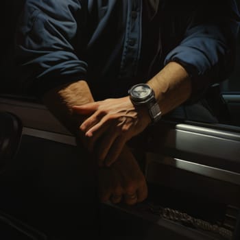 A man, possibly a detainee, wearing a blue shirt is seen extending his hand out of a car door, potentially highlighting a moment of interaction or communication with law enforcement.