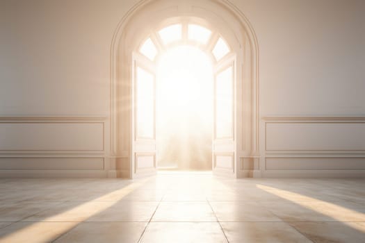 A bright empty room with bright light behind an open door.
