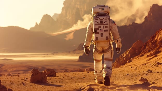 An astronaut in a space suit exploring a distant planet's surface, futuristic space exploration concept, alien landscape. Resplendent.