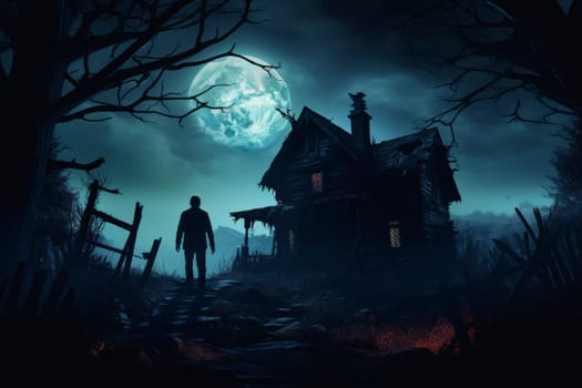 A foreboding silhouette in front of an eerie house under a full moon