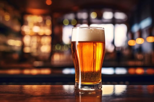 Close-up of a glass of craft beer with a frothy head, on a bar counter