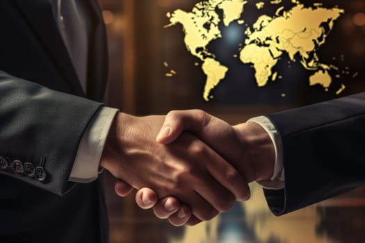 Global Business Handshake with World Map Background.