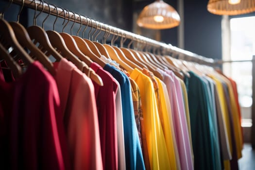 Colorful garments on wooden hangers in a boutique setting with warm lighting